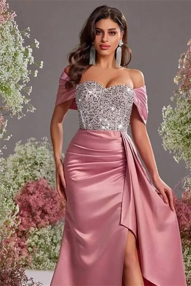 Chic Dusty Rose Sweetheart Off-The-Shoulder Satin Prom Dress