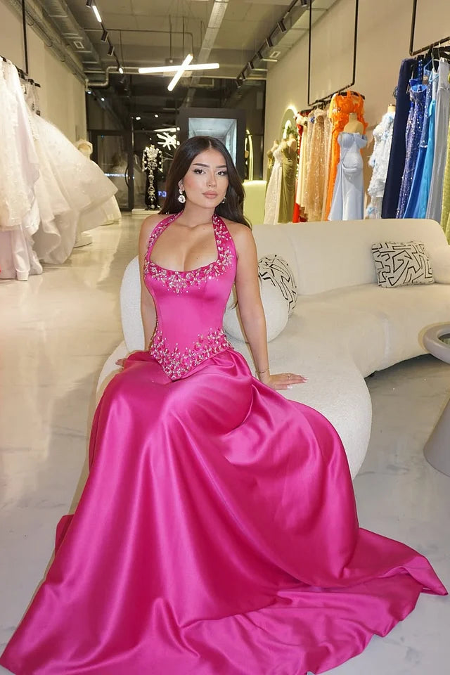 Elegant Fuchsia Halter Sleeveless Satin Prom Dress