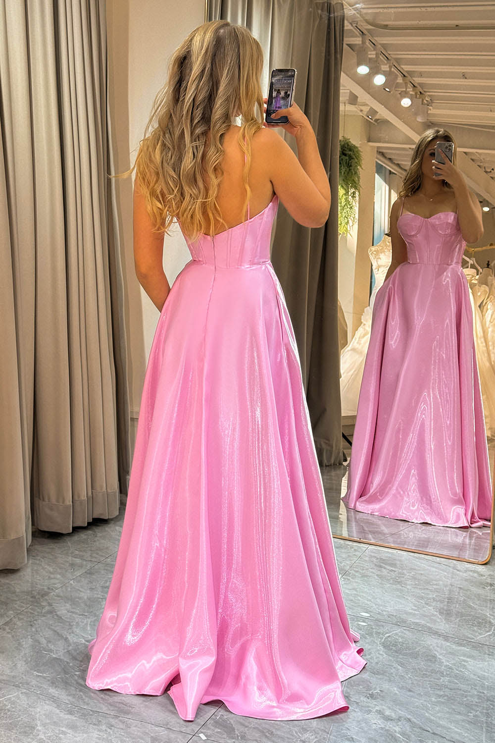 Pink A-Line Prom Dress Backless Shiny Satin Corset Evening Gown