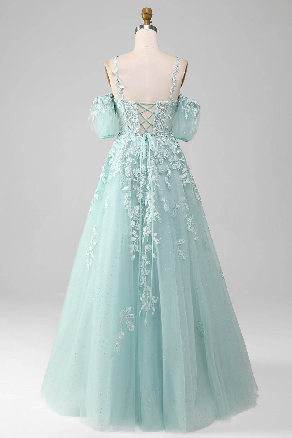Mint Green A-Line Evening Dress Puff Sleeves Lace Appliqués Prom Dress
