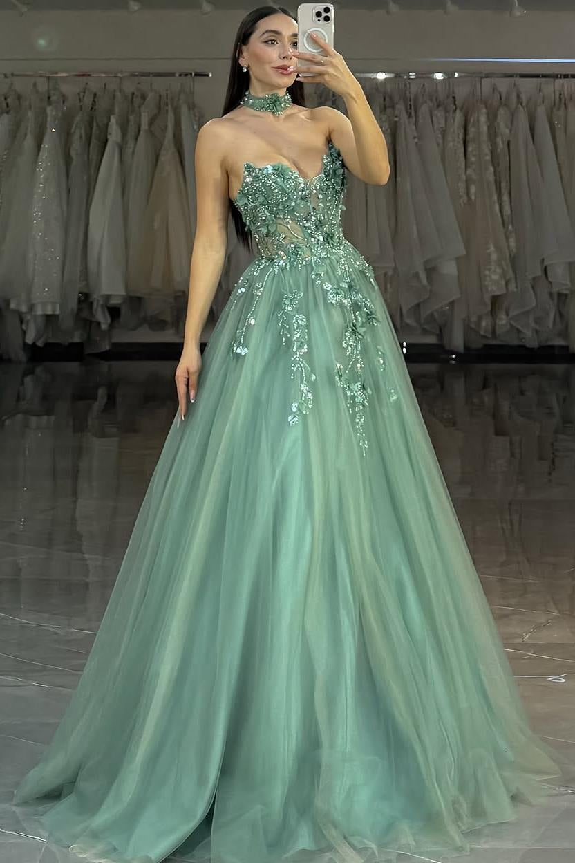 Strapless Sleeveless Long A-Line Prom Dress With Flower Appliqués