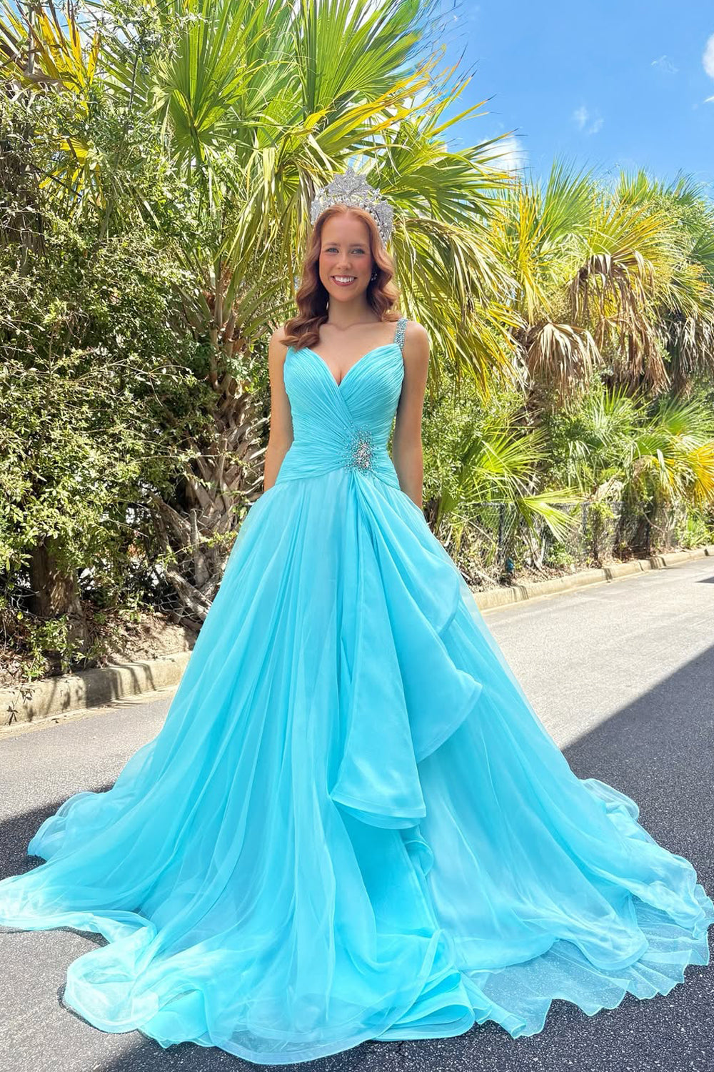 Gorgeous A Line V Neck Aqua Chiffon Long Prom Dress