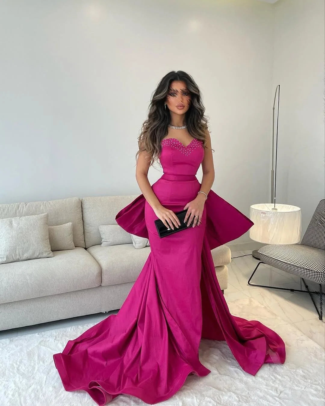 Fuchsia Beaded Bow Long Strapless Prom Dress