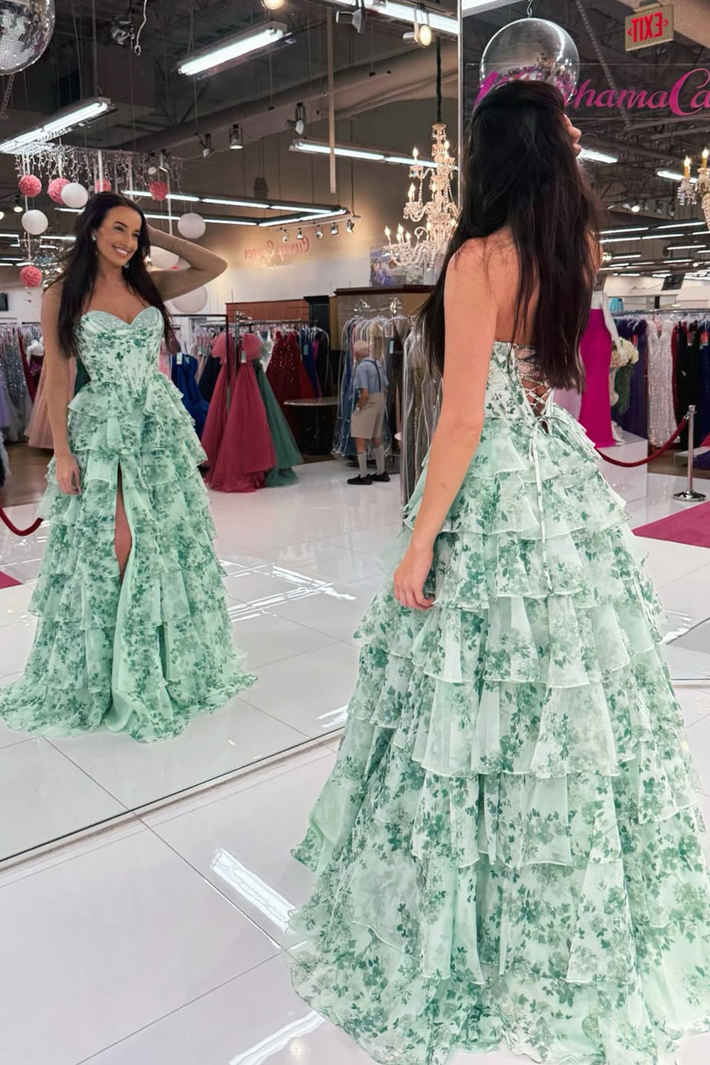 Fashion A Line Sweetheart Floral Chiffon Tiered Prom Dress