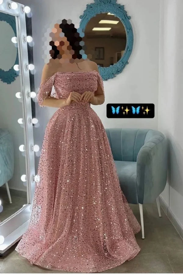 Luxurious Pink Off-The-Shoulder Sequins Prom Dress