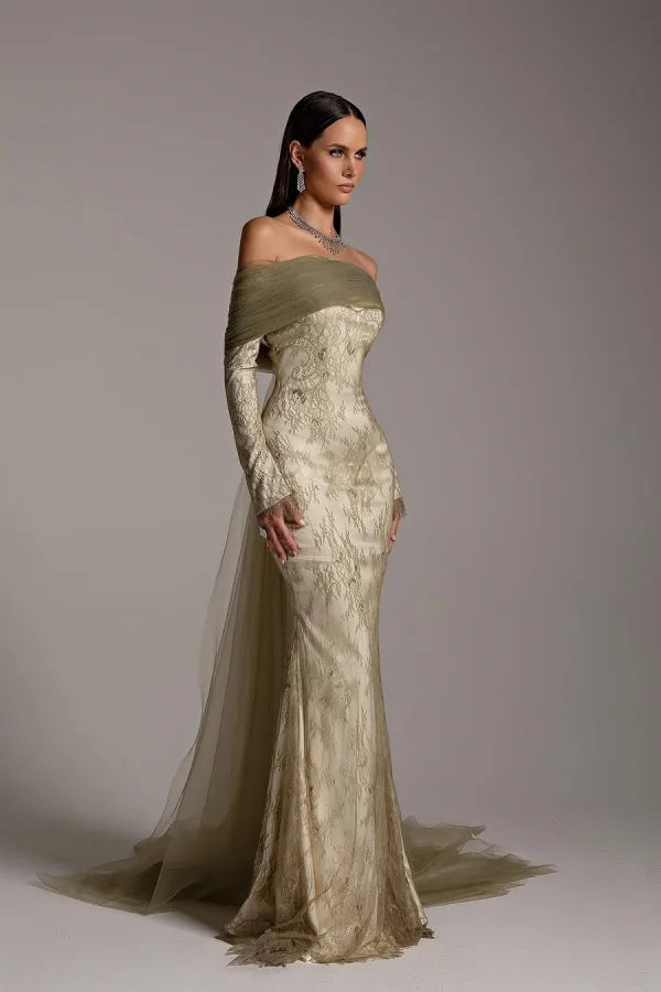 Green Tulle Strapless White Lining Long Sleeves Sheath Prom Dress