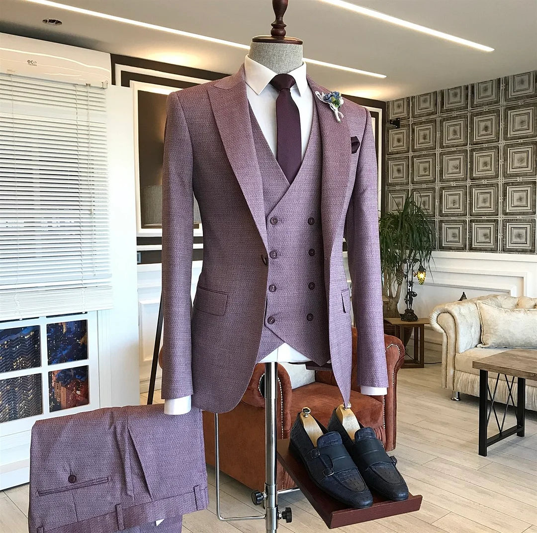 Purple One Button New Groomsmen Outfits With Small Plaid Peaked Lapel