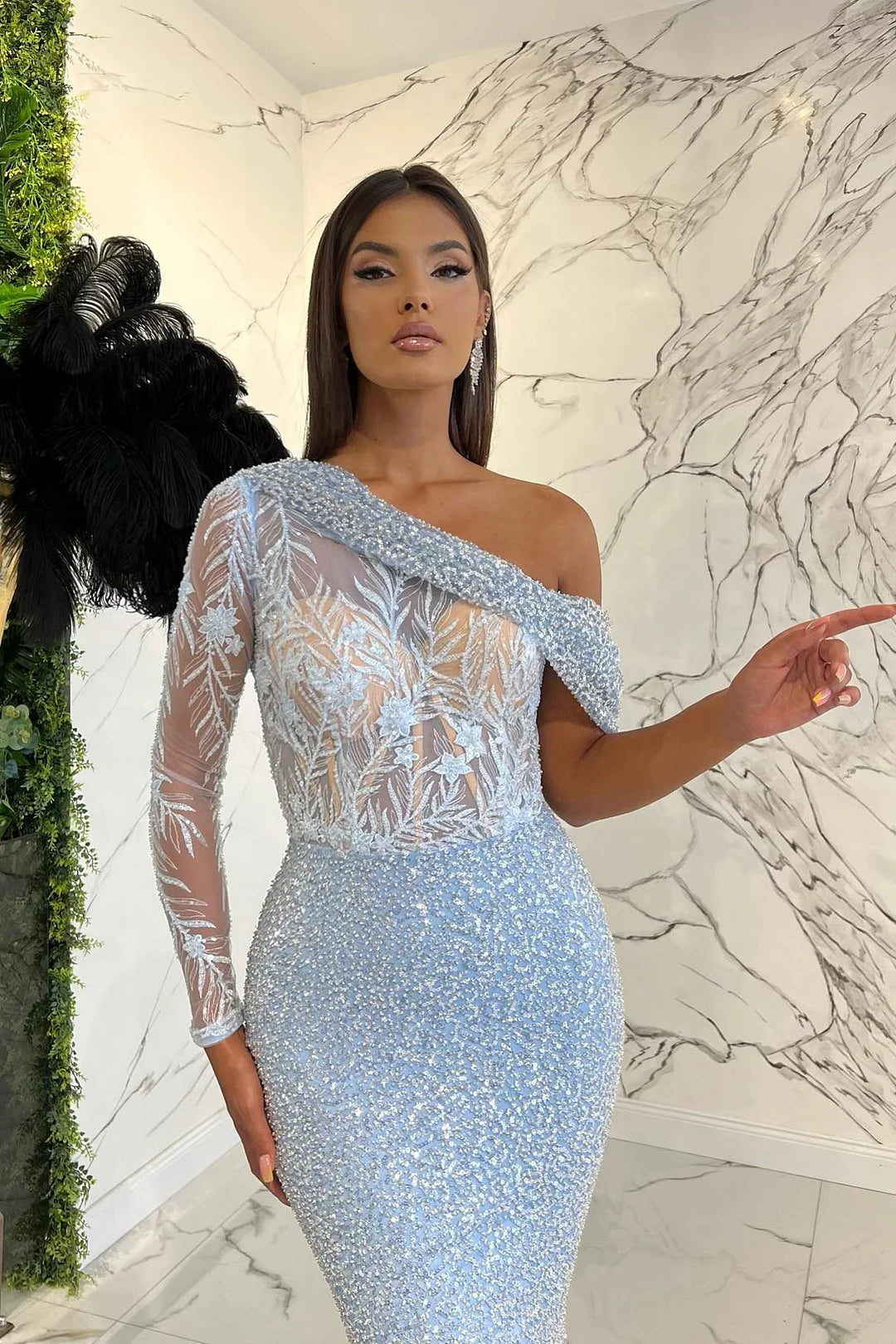 Elegant One Shoulder Long Sleeve Mermaid Evening Dress With Sequins On Sale ED0434