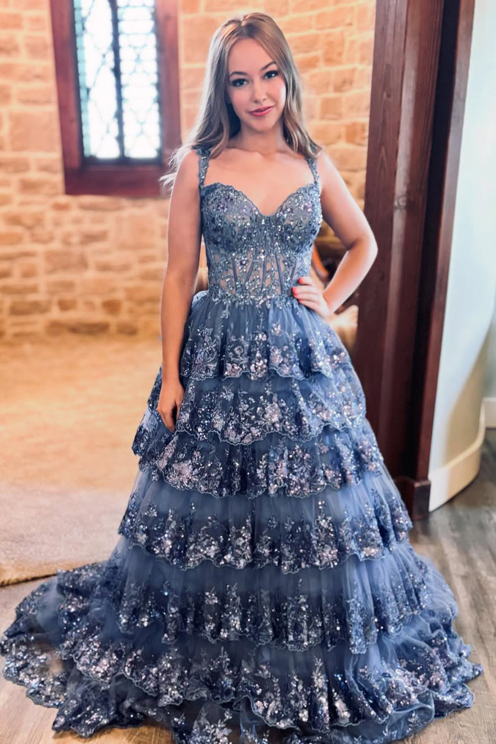 Gogeous A Line Sweetheart Navy Tulle Sequins Prom Dress