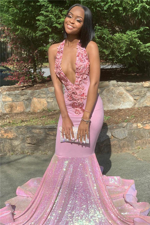 Alluring Halter Applique Glittering Sequins Prom Dress