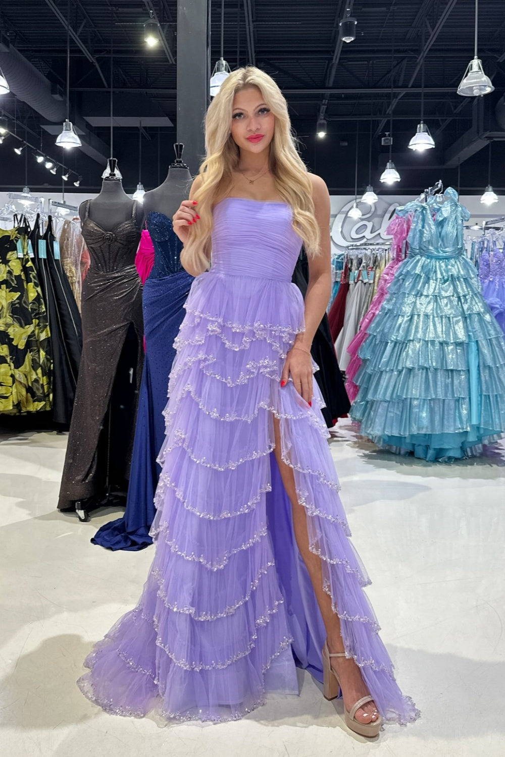 Tube Top Sleeveless Sequined Beaded Tulle Pleated Tiered A-line Prom Dress with High Slit