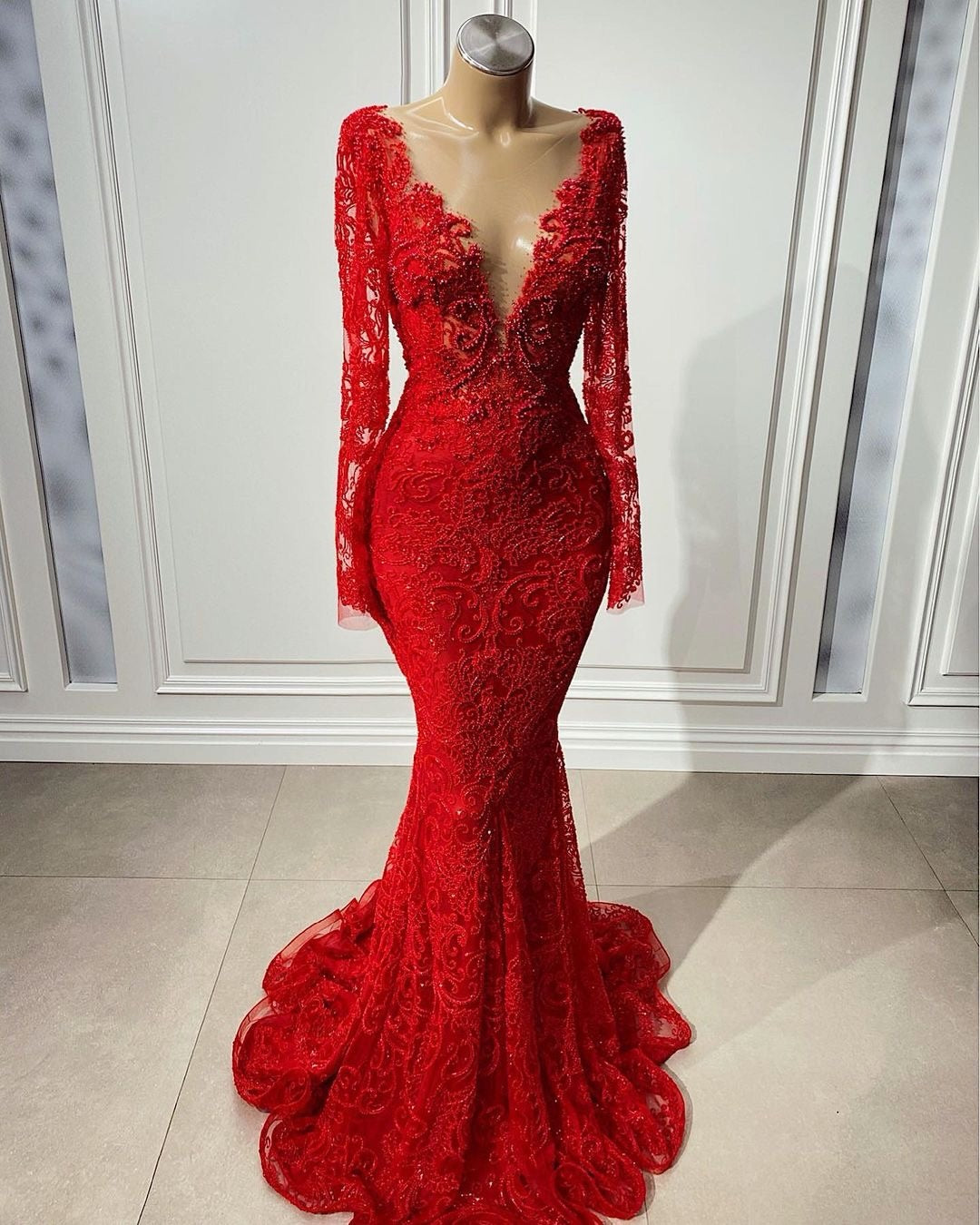 Deep V-Neck Mermaid Lace Gown with Long Sleeves