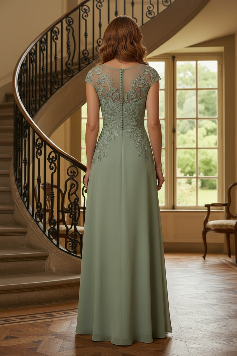 A-Line Illusion Embroidered Chiffon Evening Dress