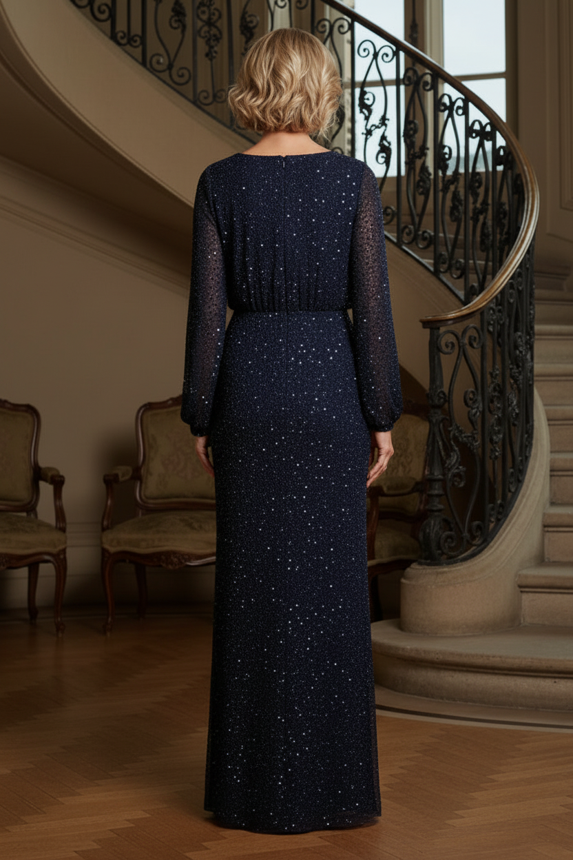 Sequin Long Sleeve Blouson Evening Gown