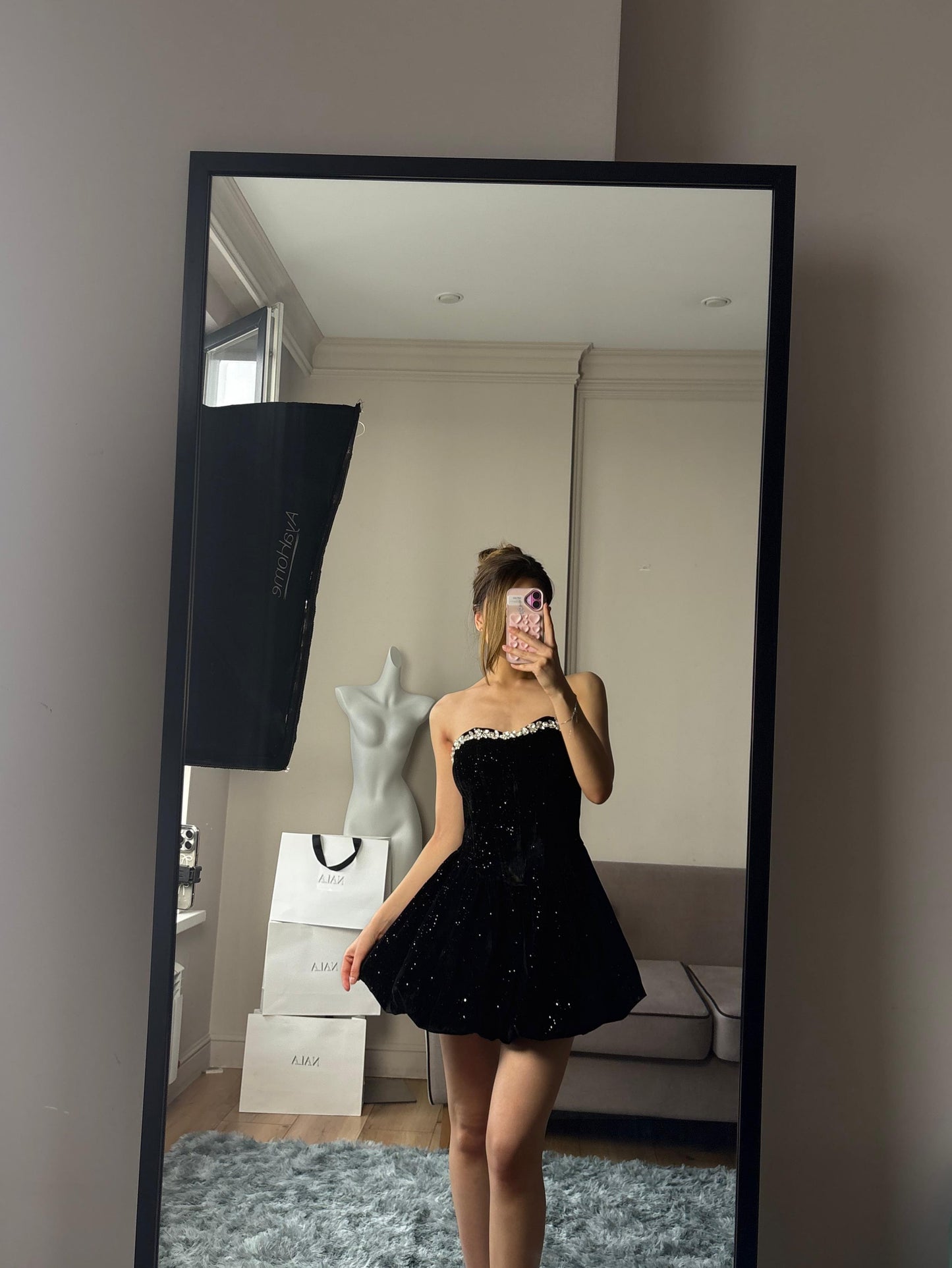 Strapless Crystal-Trim Velvet Sequin Bubble Mini Dress