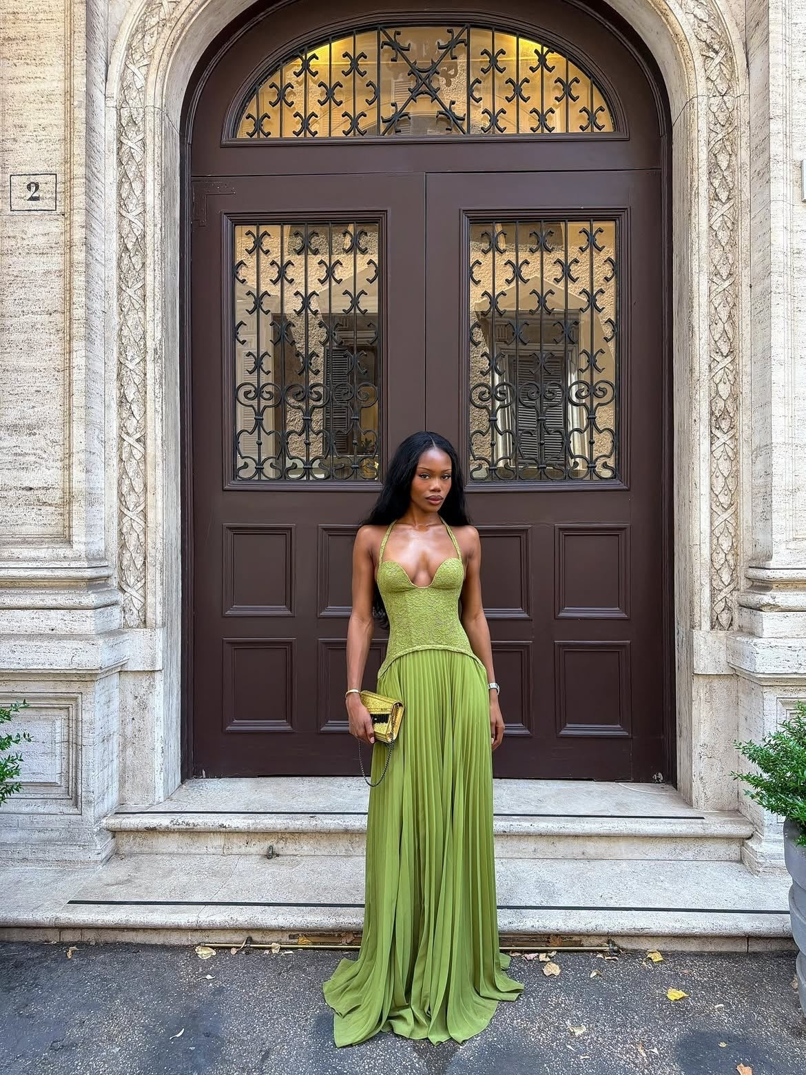 Halter Neckline Pleated Maxi Dress with Corset Bodice