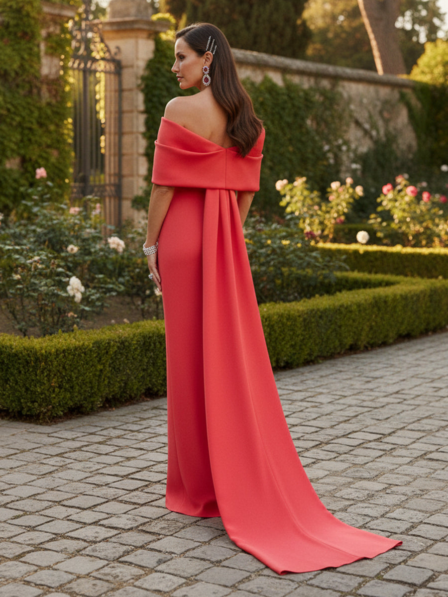 Off-the-Shoulder Crepe Column Gown with Cape