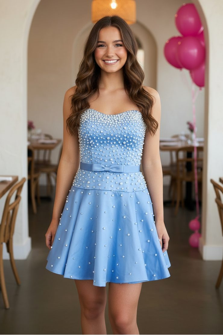 Strapless Pearl-Embellished A-Line Mini Dress
