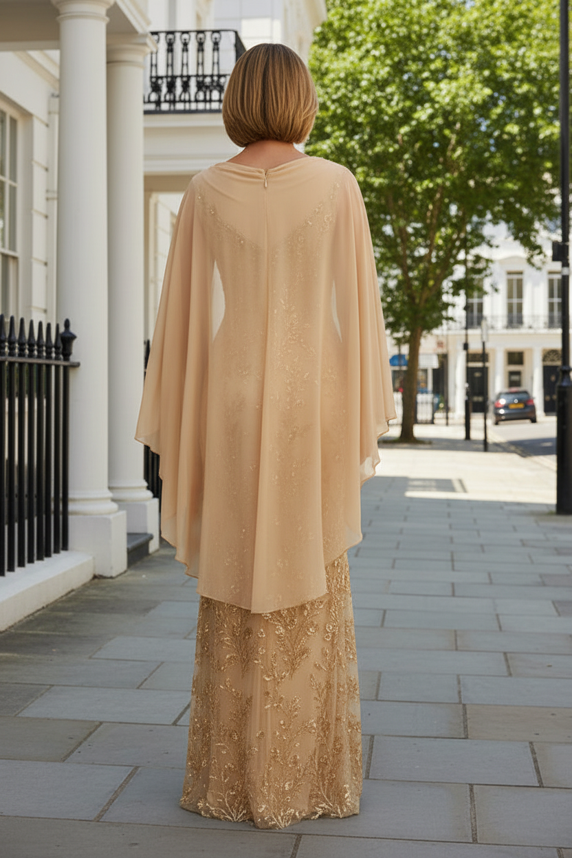 Sequin Floral Mermaid Gown with Cape Sleeves