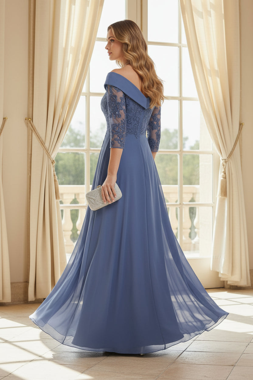 Off-the-Shoulder A-Line Gown with Beaded Lace Sleeves