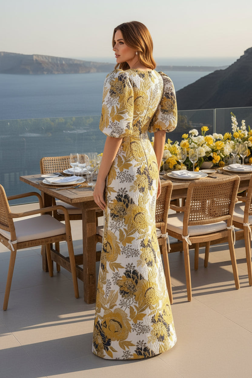 Floral Jacquard Column Gown with Puff Sleeves