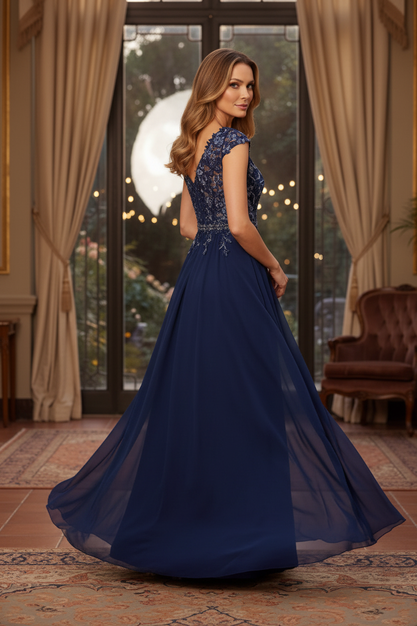 Embroidered V-Neck A-Line Gown with Slit