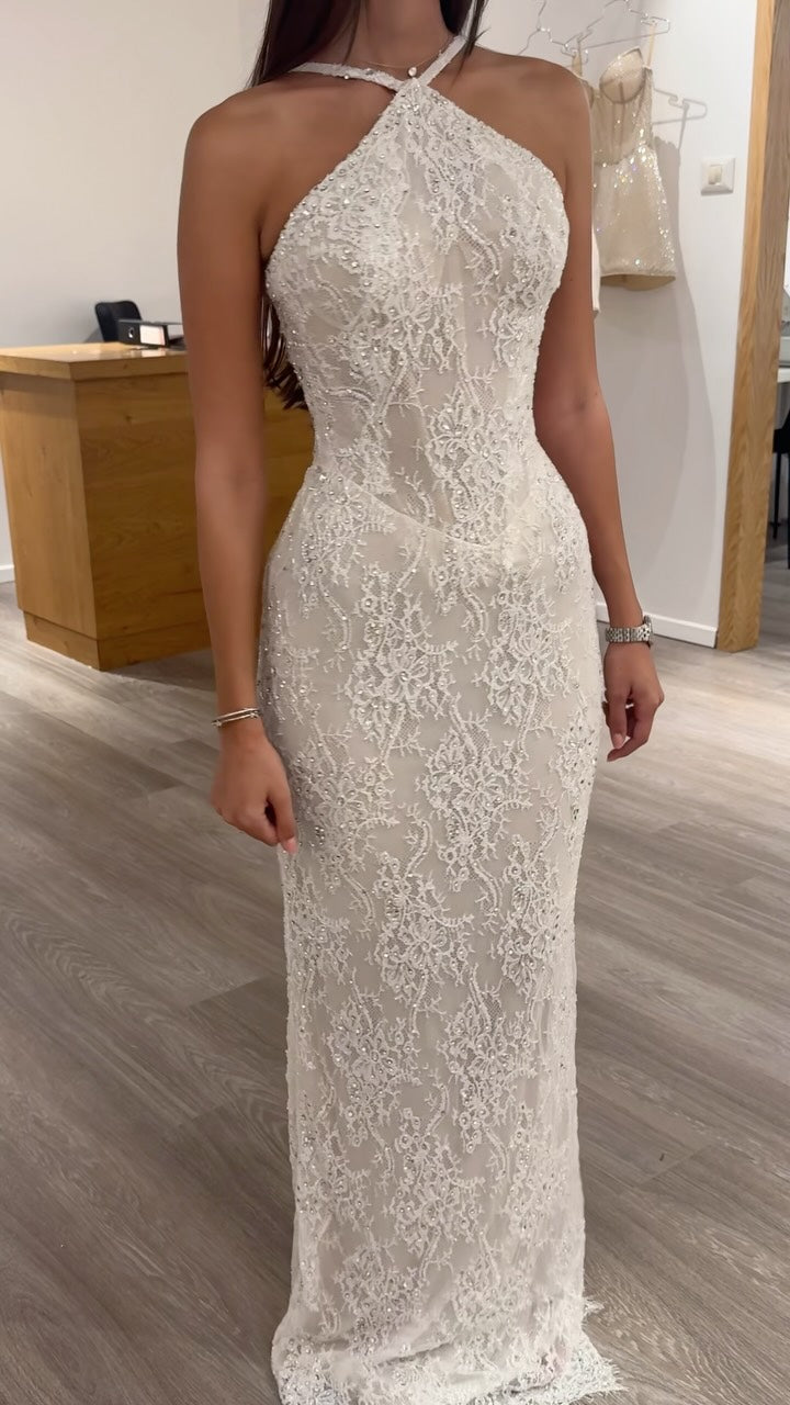Halter Neck Beaded Lace Sheath Evening Dress