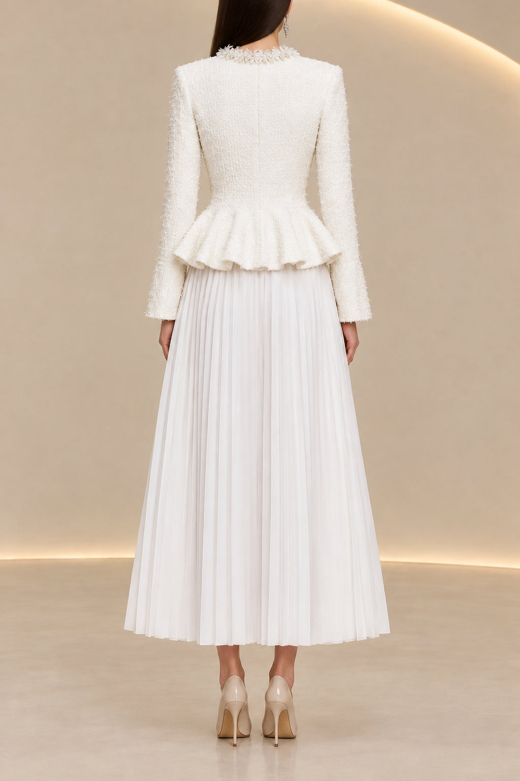 Peplum Tweed Jacket and Pleated Midi Dress