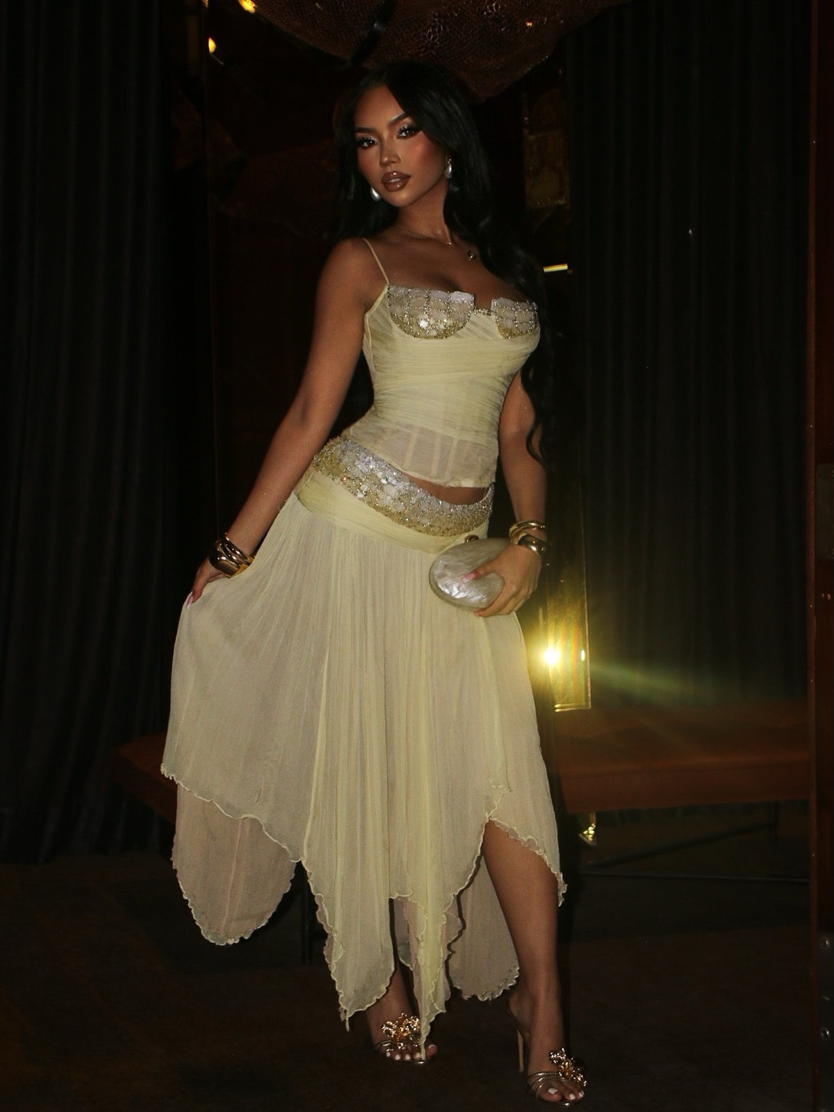 Embellished Corset Top and Asymmetrical Skirt Set