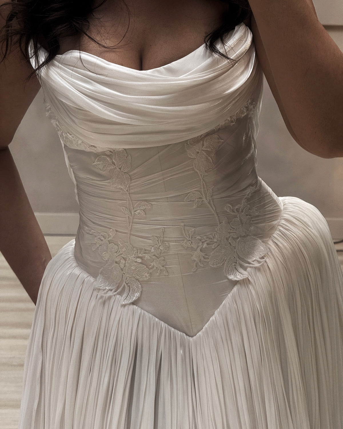 Cowl Neck Corset Wedding Dress with Pleated Skirt