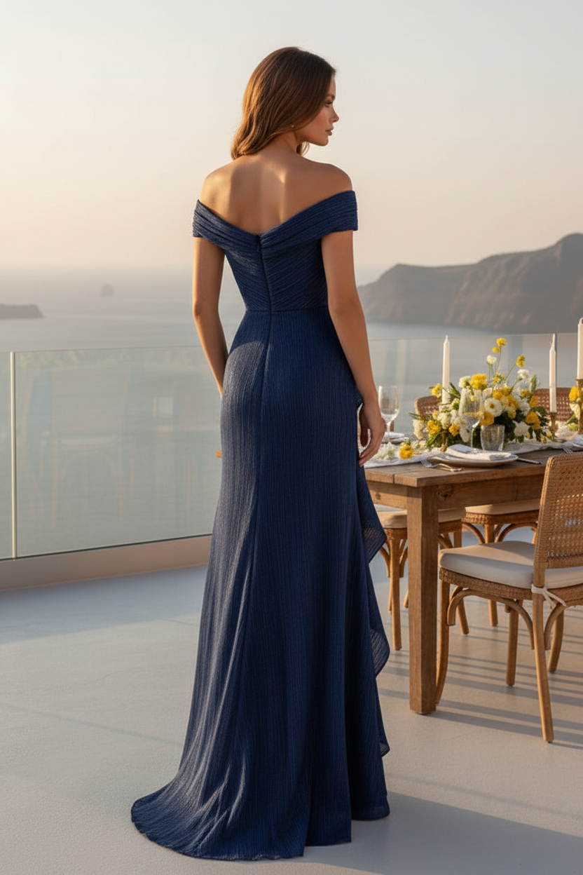 Off-the-Shoulder Pleated Gown with Cascade Ruffle