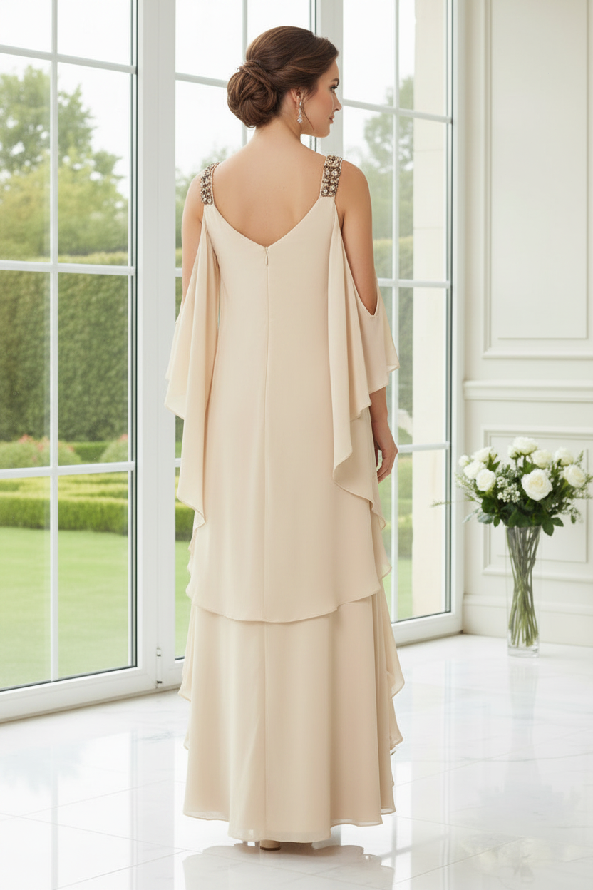 Champagne Chiffon Cape Gown with Beaded Shoulders & Cowl Back