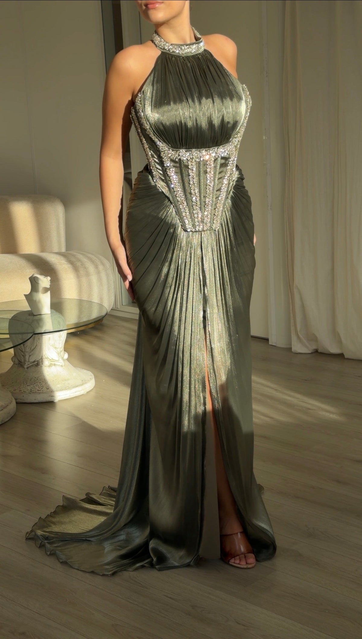 Halter Corset Evening Gown with Crystal Accents