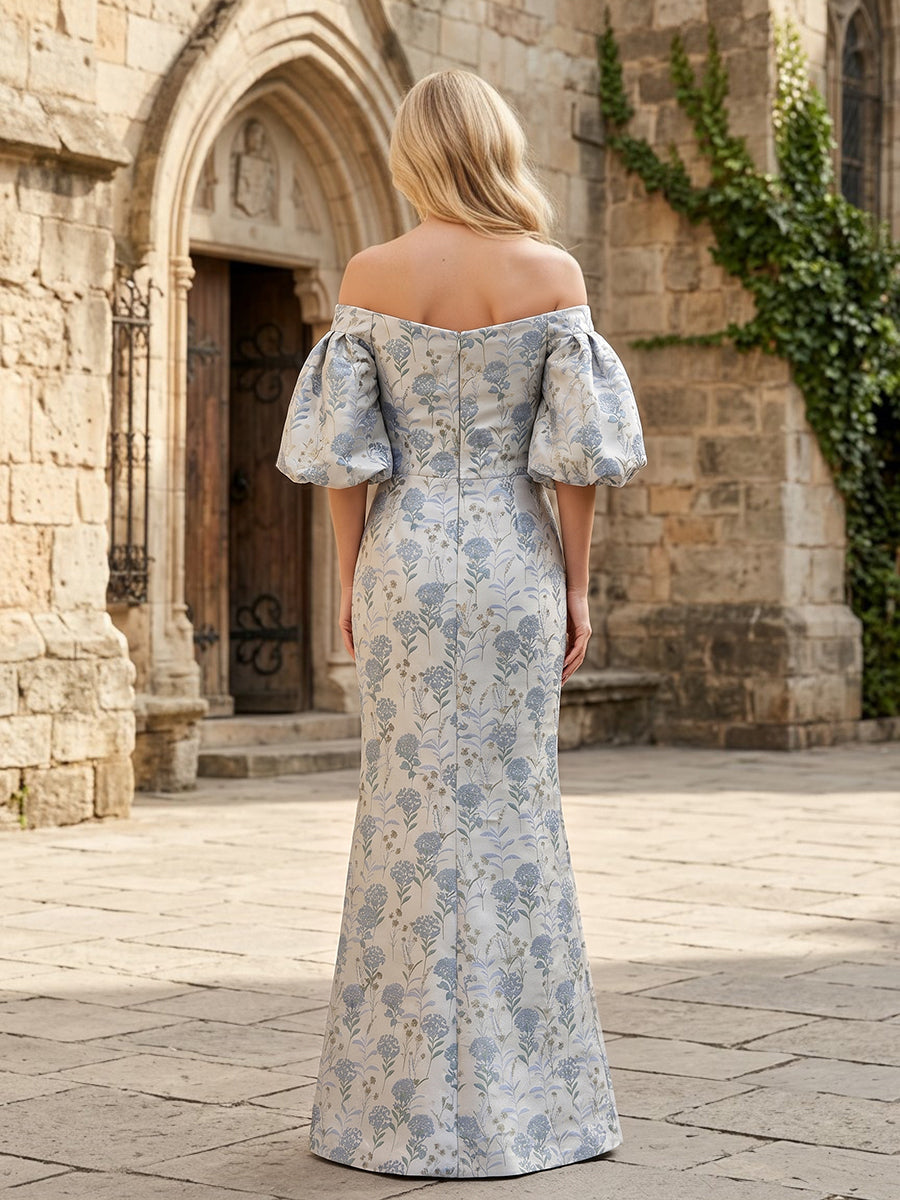 Floral Jacquard Off-the-Shoulder Evening Gown
