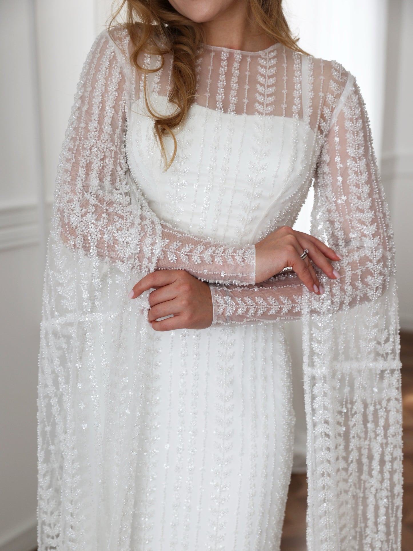 Beaded Cape Sleeve Sheath Wedding Dress