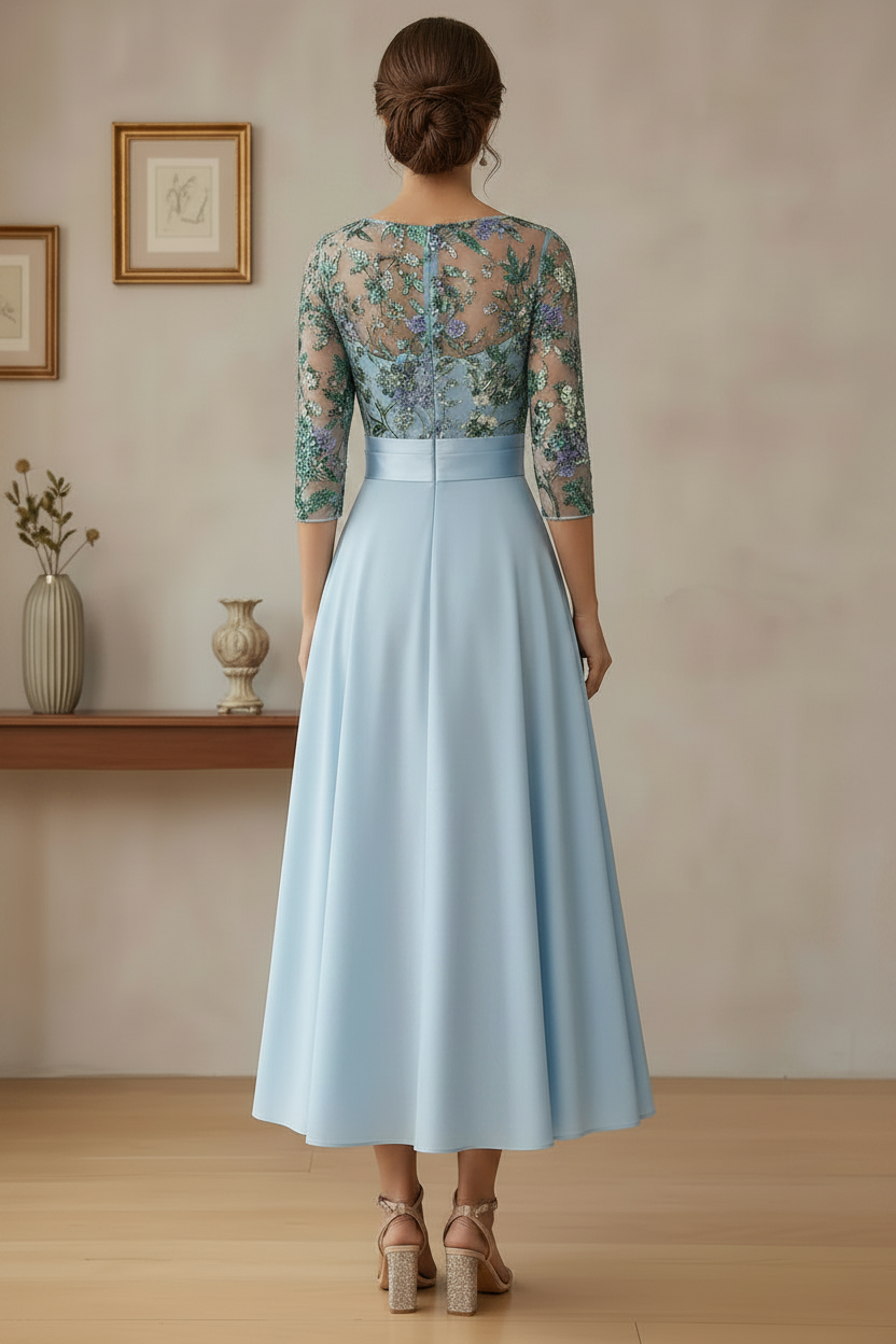 Light Blue Cowl Neck Sequin Floral Bodice A-Line Mother of the Bride Dress with 3/4 Sleeves