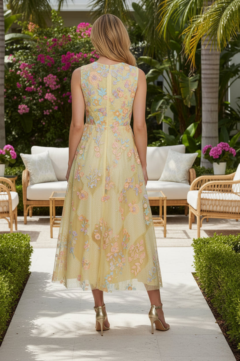 Sleeveless Floral Embroidered Midi A-Line Dress