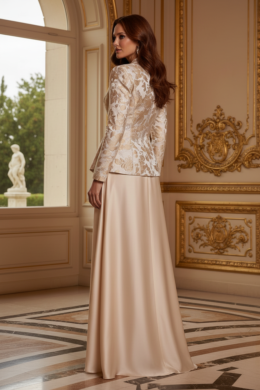Metallic Jacquard Peplum Jacket Evening Gown