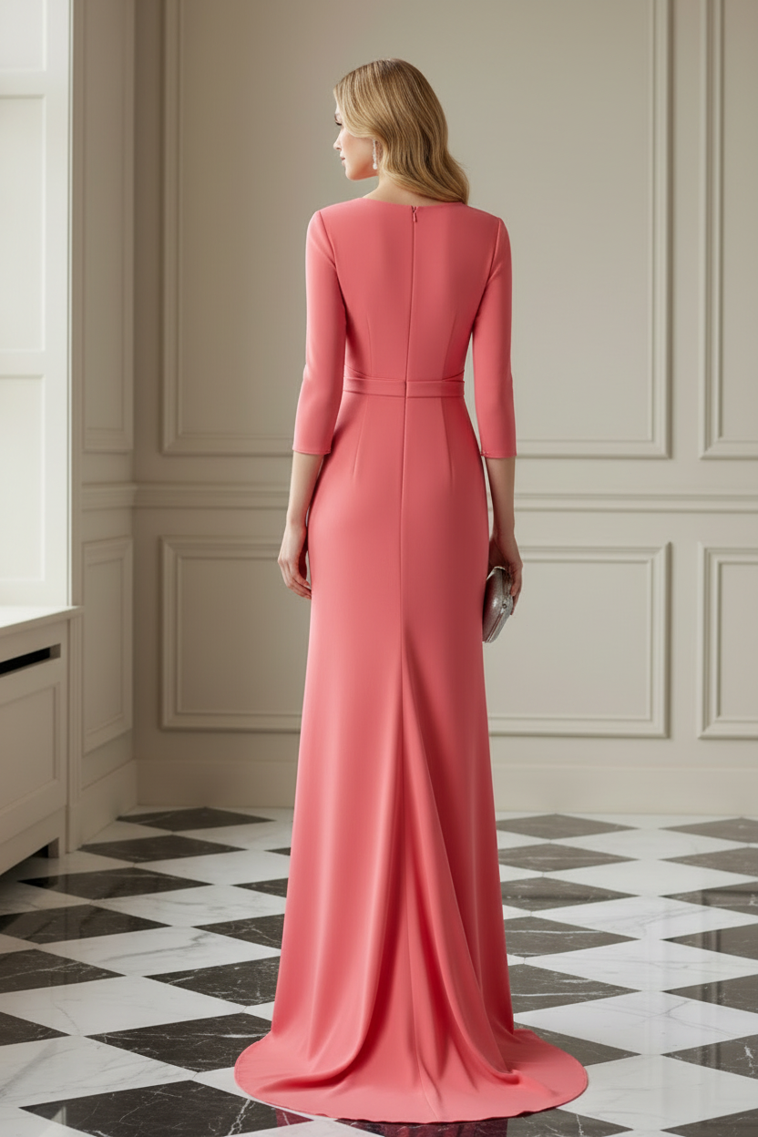 Elegant 3/4 Sleeve V-Neck Ruffled Gown