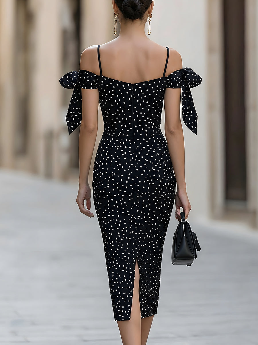 Polka Dot Sweetheart Midi Dress with Tie Sleeves