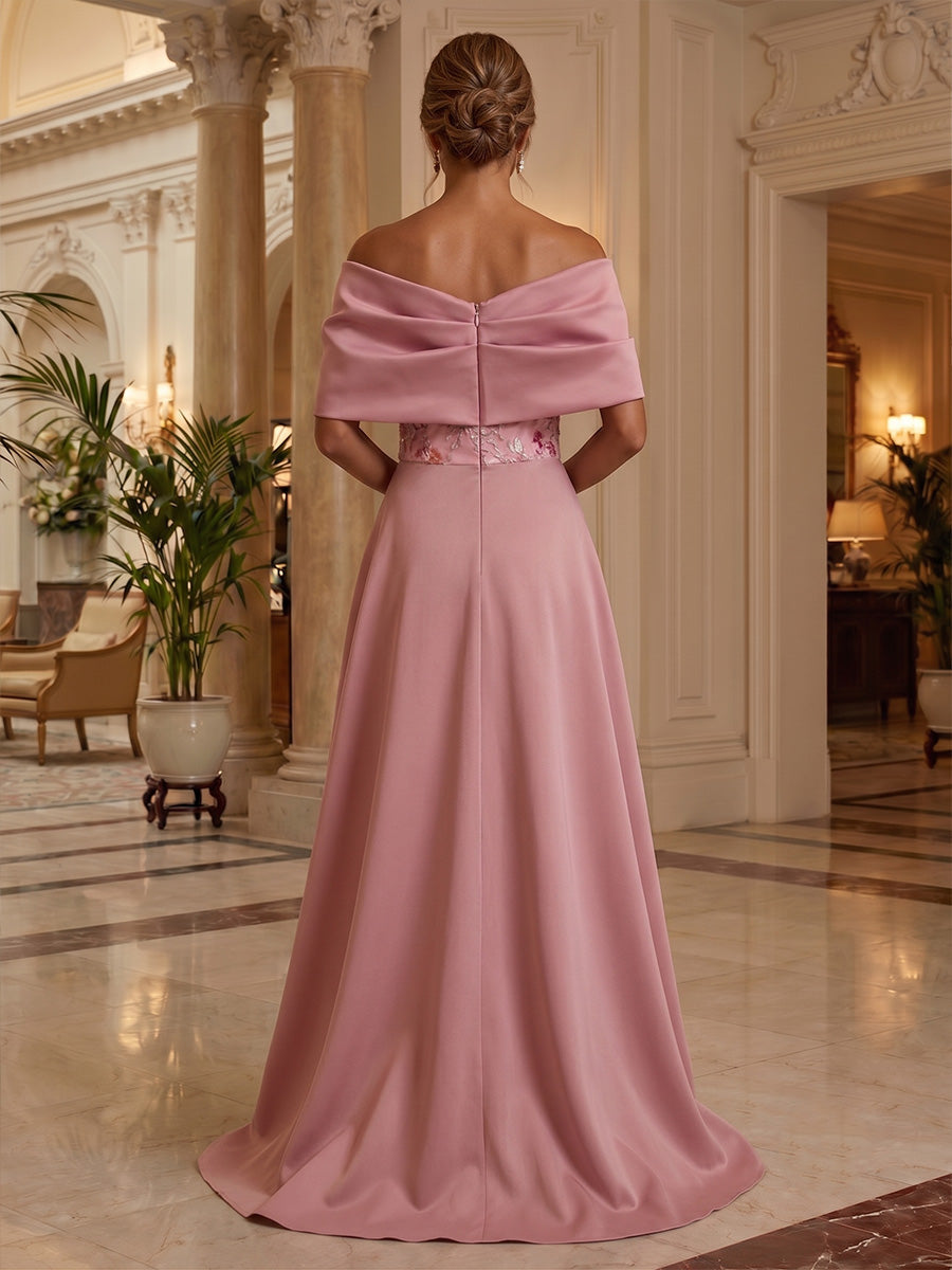 Off-Shoulder Floral Embroidered Gown with Overskirt