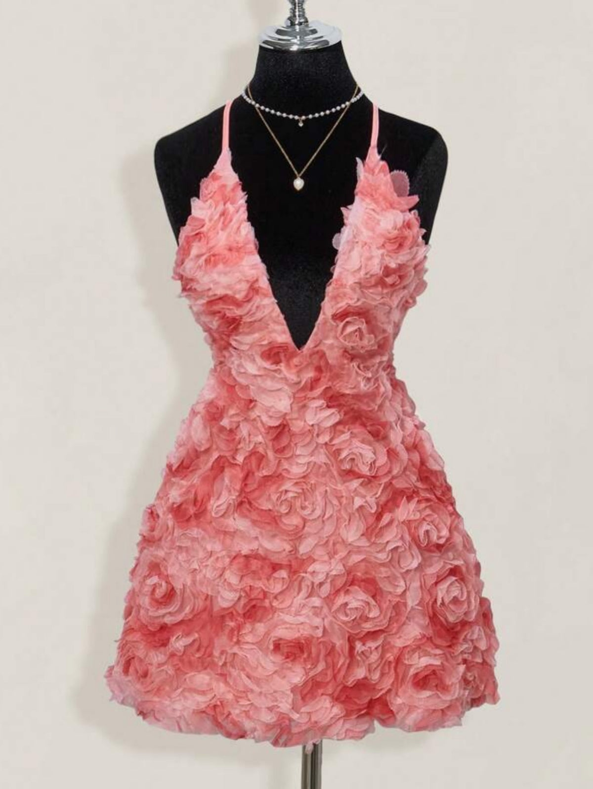3D Rosette Deep V-Neck Mini Dress