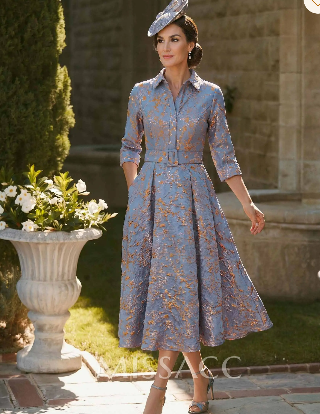 Elegant Jacquard A-Line Midi Dress with Belt