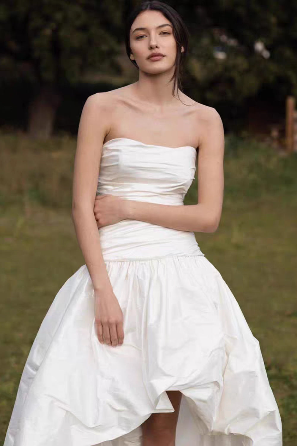 Strapless Ruched Taffeta High-Low Wedding Dress