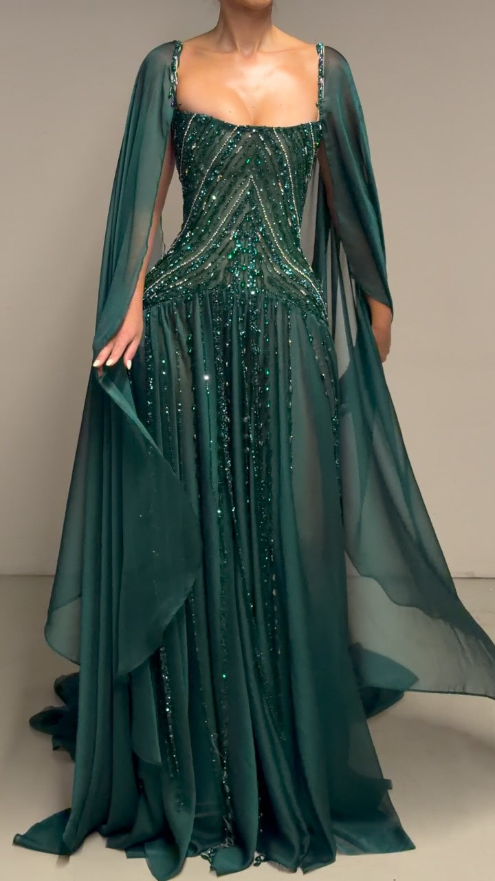 Beaded Corset Evening Gown with Cape