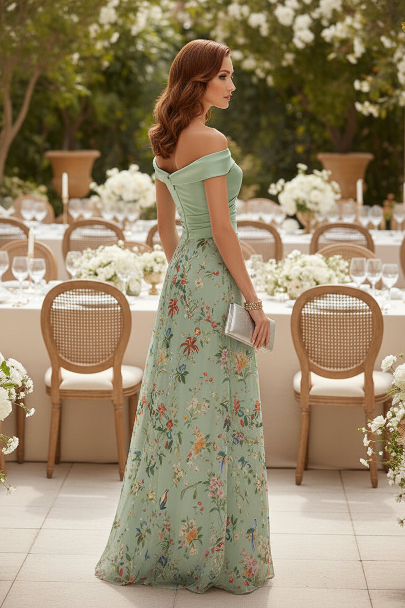 Off-Shoulder Floral Slit Evening Gown
