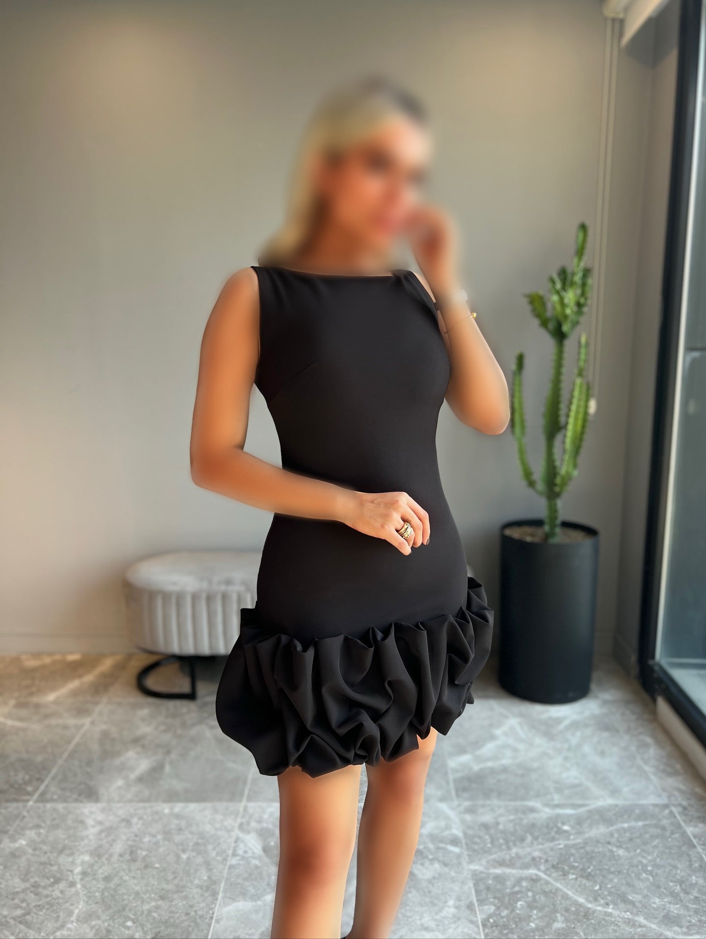 Sleeveless Bateau Neck Bubble Hem Mini Dress