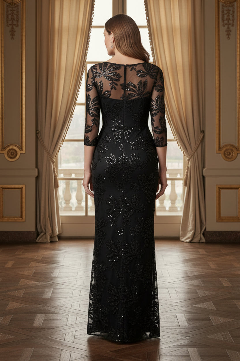 Illusion Sequin Evening Gown with Side Ruffle