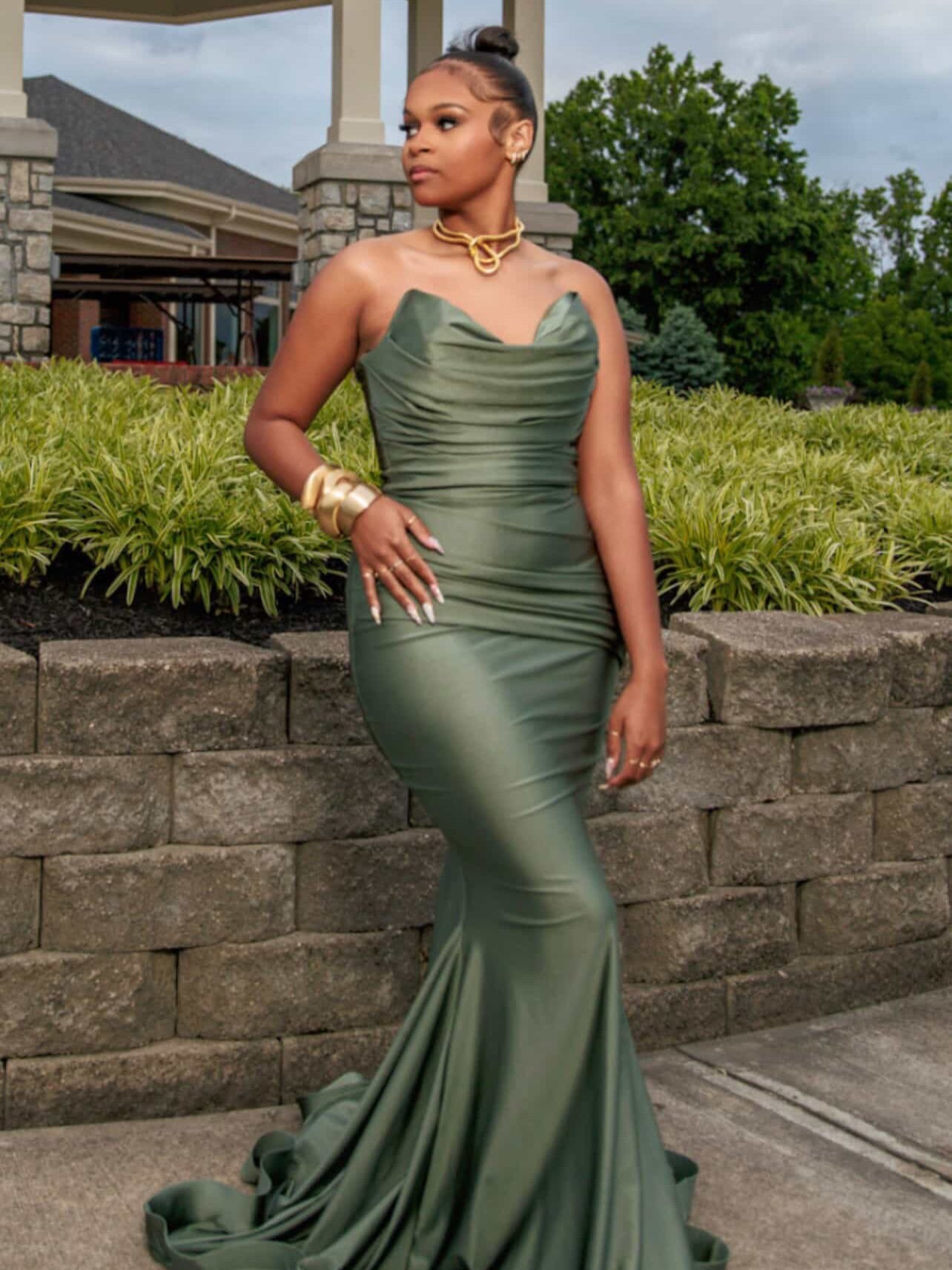 Strapless Cowl Neck Ruched Satin Mermaid Evening Gown