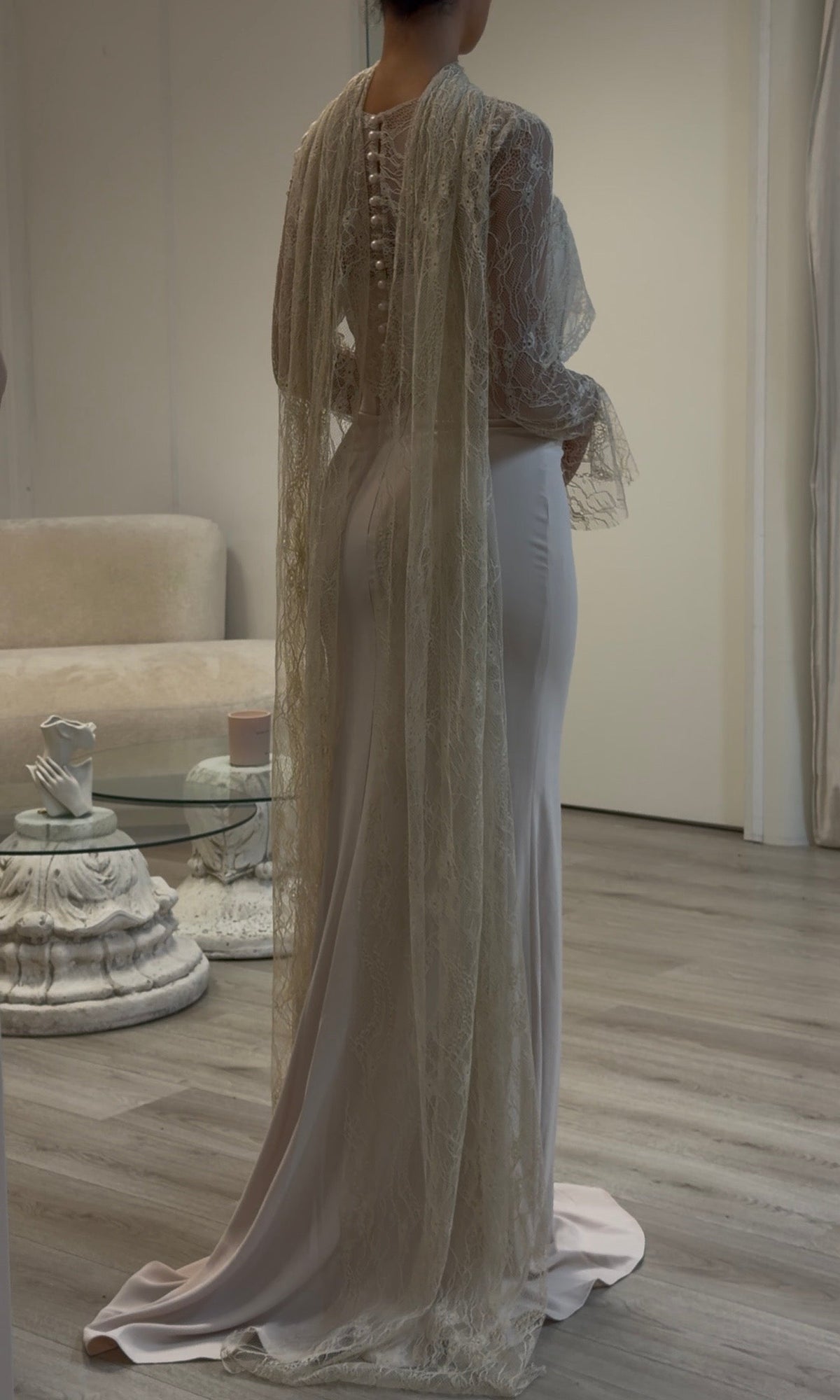 Corset Column Gown with Sheer Lace Cape Overlay